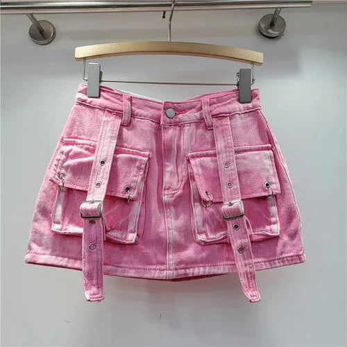 Retro Pink Large Pocket Denim Suit Spring Summer Sleeveless Short Vest High Waist Hip Wrapped Skirt 2 Pieces Sets Women Outfits