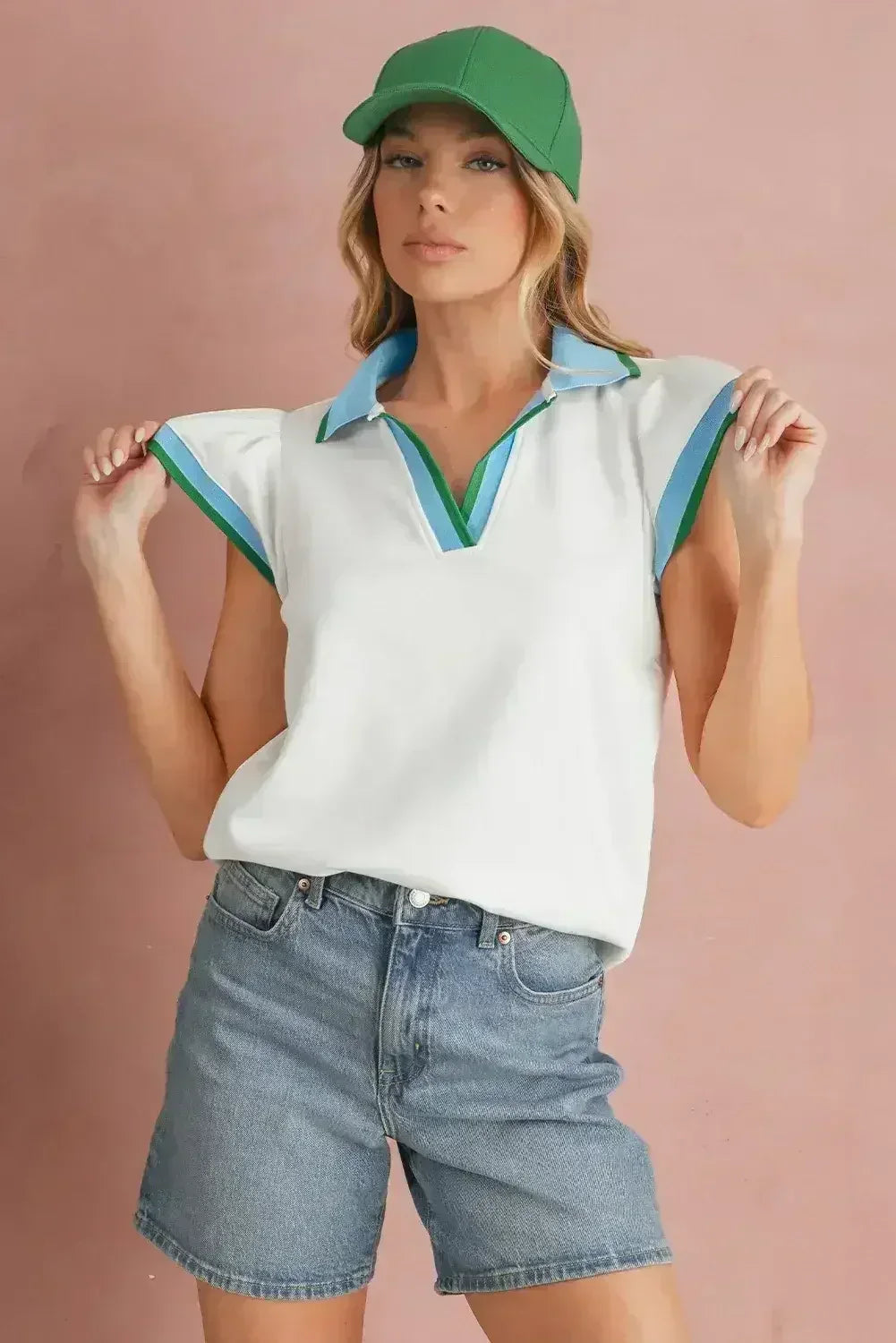 Beau Blue Color Collared V Neck Ruffle Sleeve Blouse | Femstylo