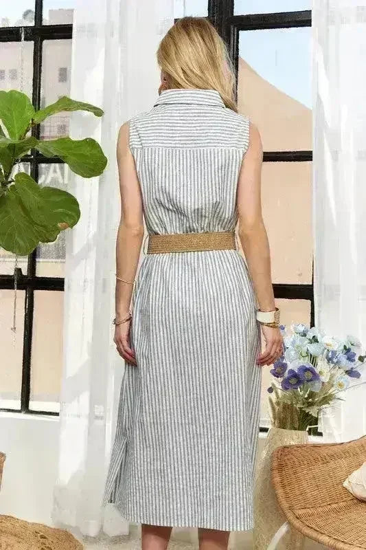 ADORA Striped Button Down Dress – Cotton Midi Sleeveless