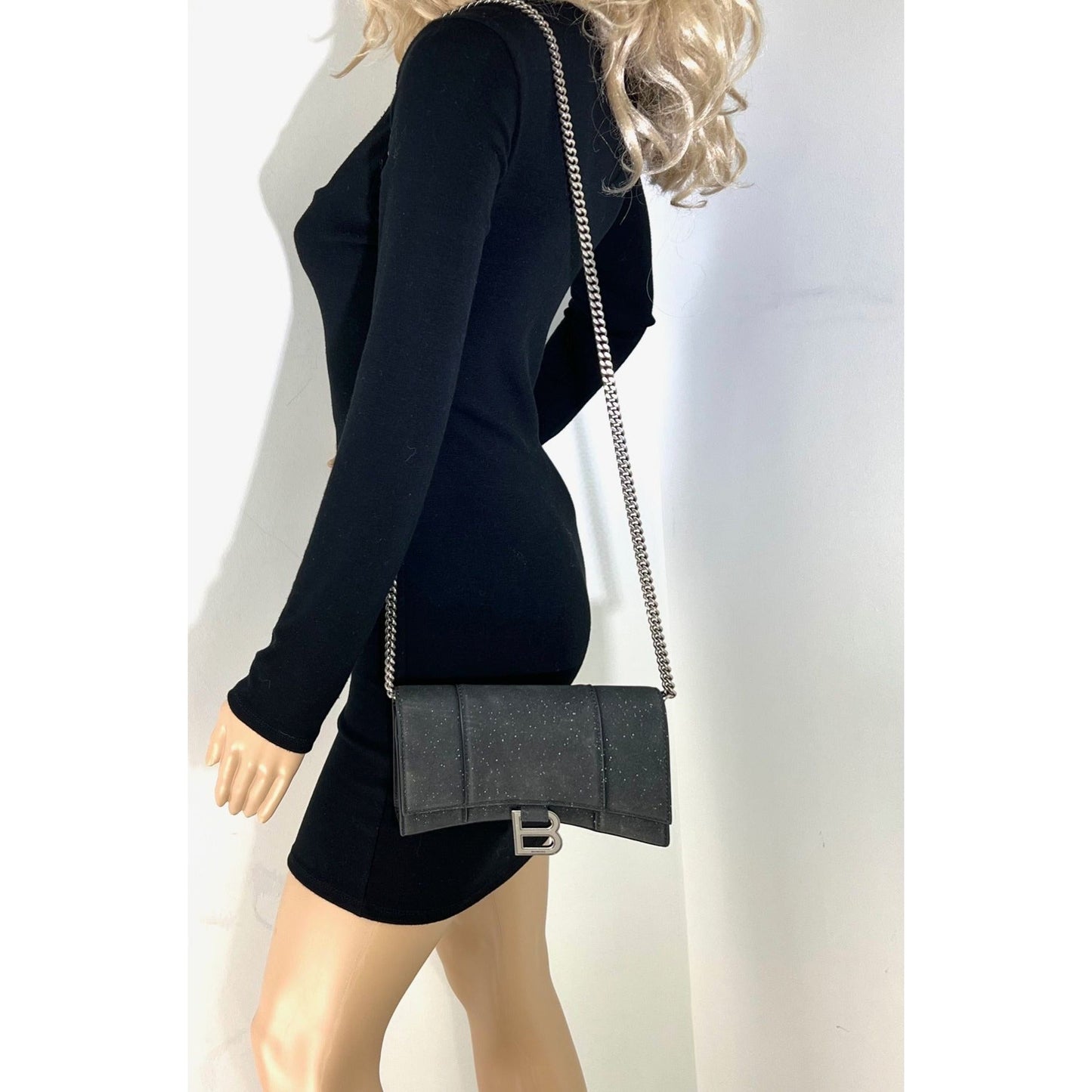 BALENCIAGA Hourglass Wallet On Chain Black Glitter Clutch Shoulder Bag