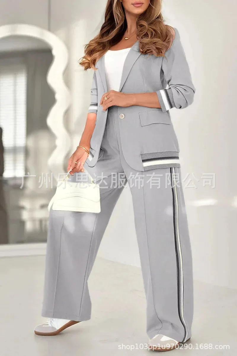 Women Suit Jacket 2 Piece Sets Striped Blazer Coat Turn Down Collar Single Breasted Wide Leg Pants Ensemble Office Lady Outfits