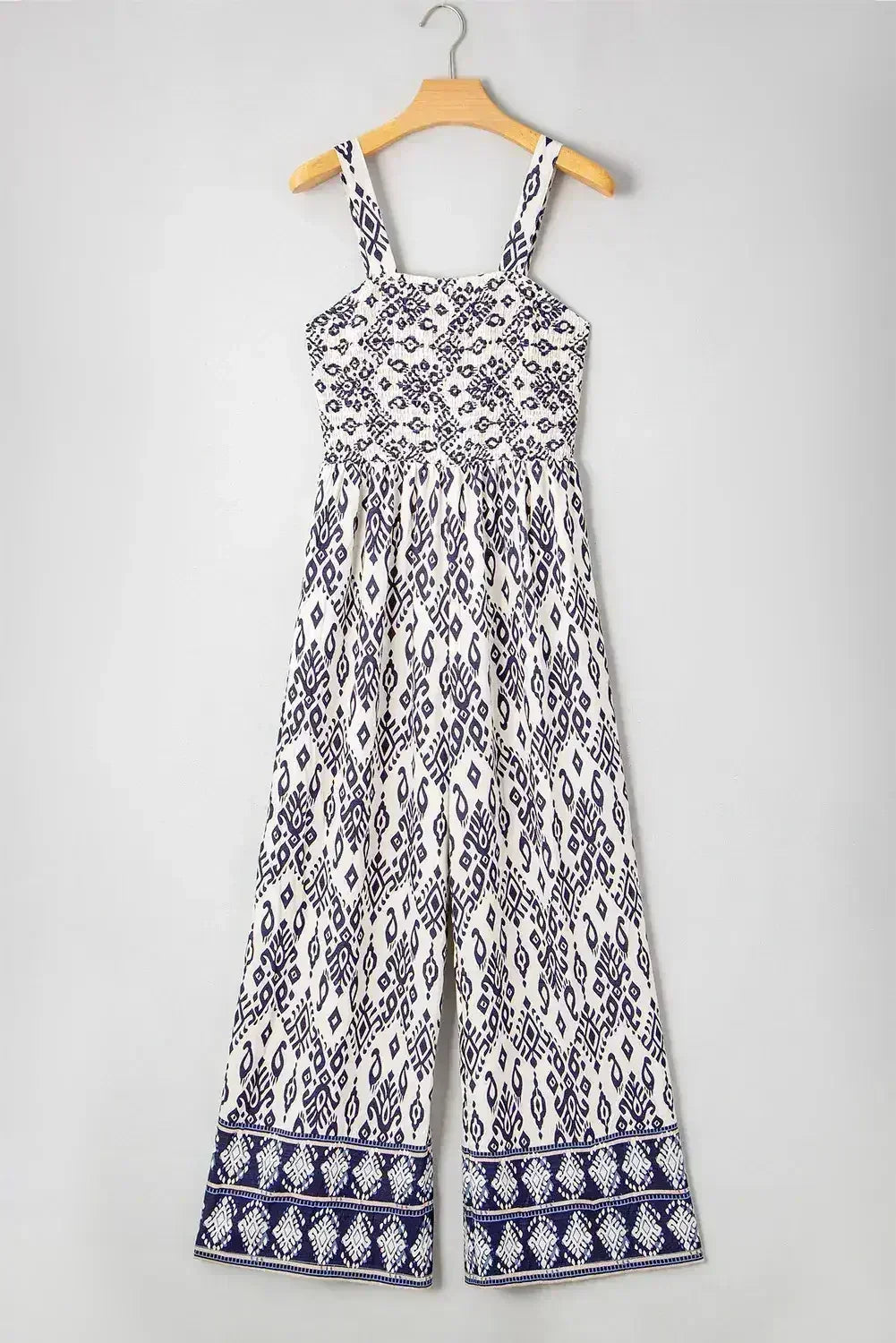 Blue Boho Geometric Print Smocked High Waist Wide Leg Jumpsuit