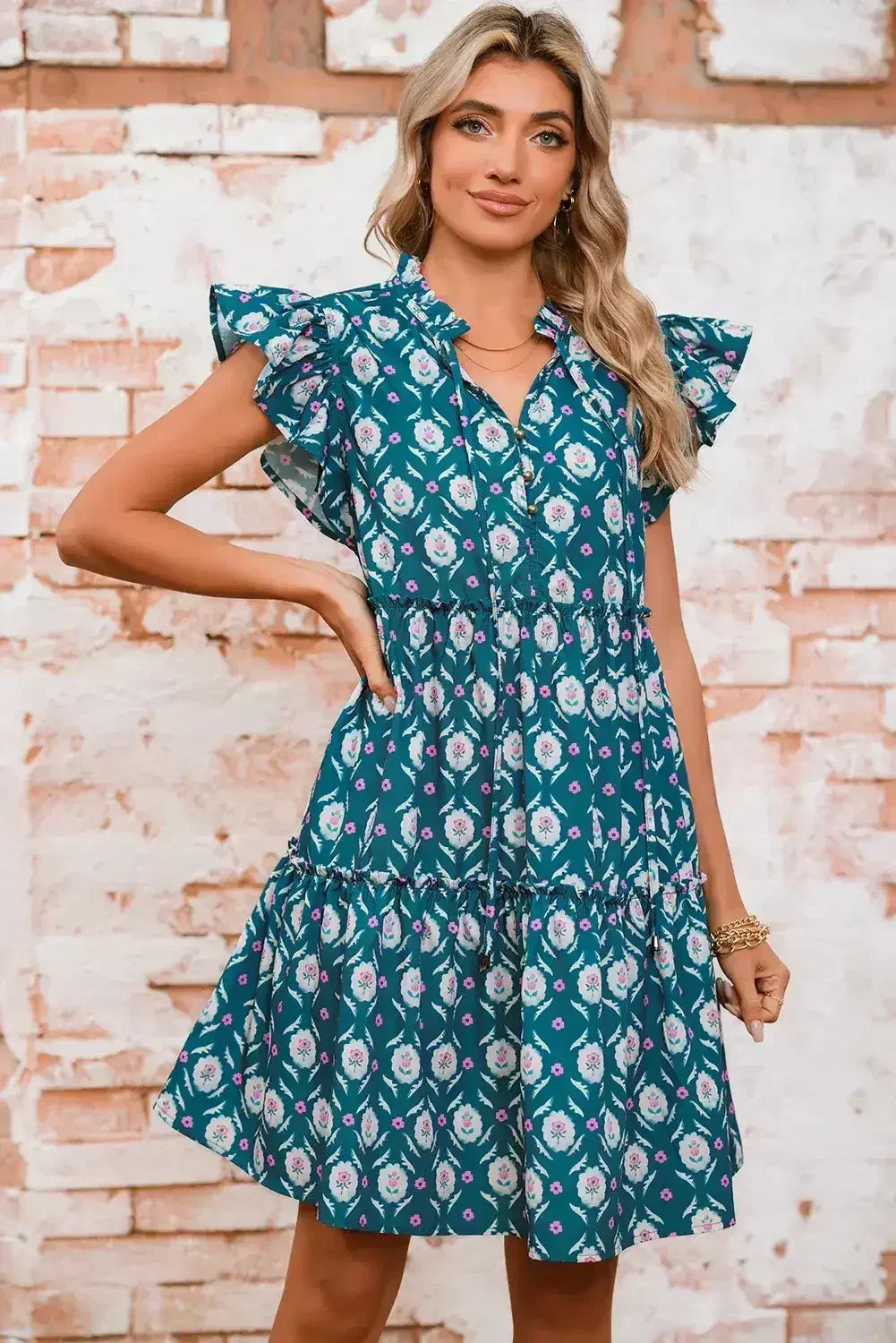 Blue Retro Floral Print Split Neck Ruffle Short Sleeve Dress