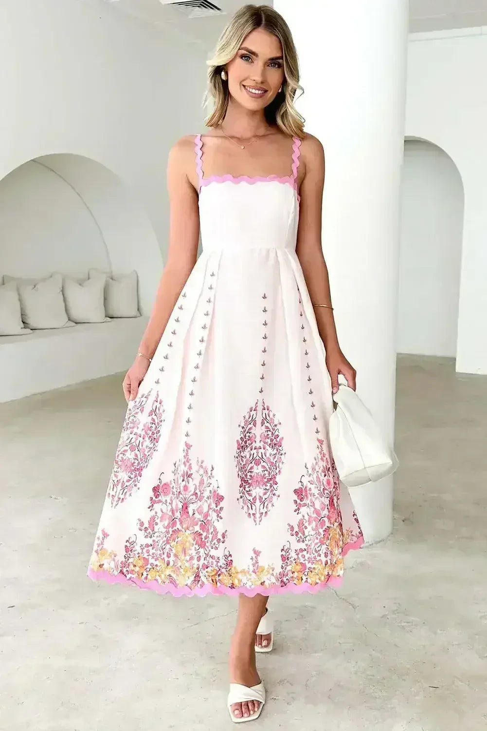 Pink Floral Ric Rac Spaghetti Strap Backless Dress