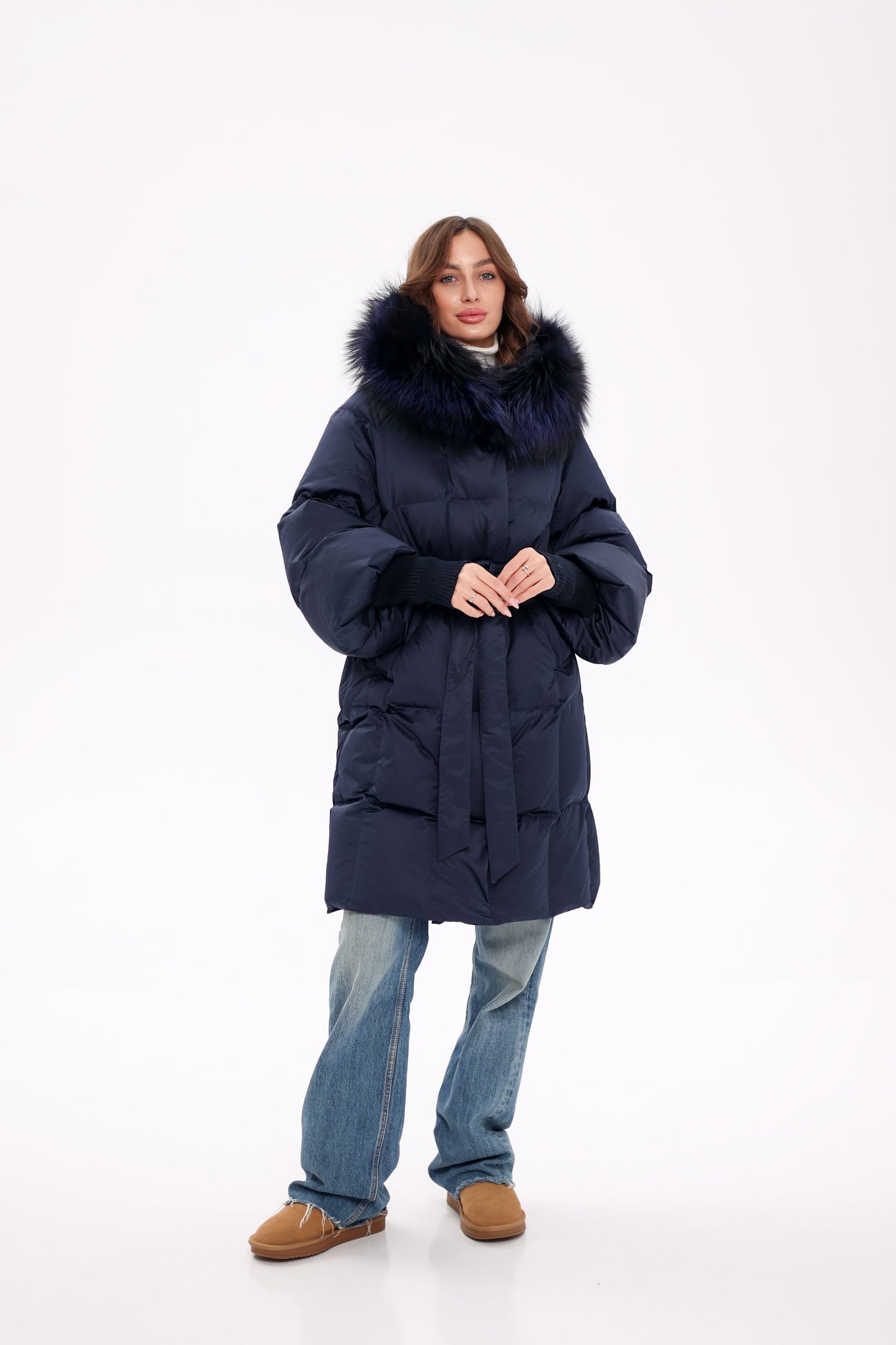 Genuine Fox Fur Trim Down Coat in Royal Blue