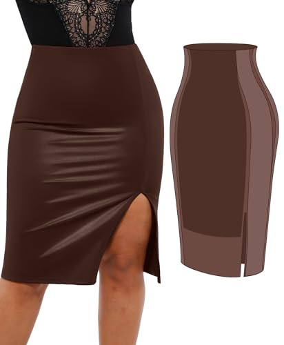 Popilush Shapewear Faux Leather Skirts with Built in Shapewear Tummy Control High Waist Midi Skirt with Shaper for Women