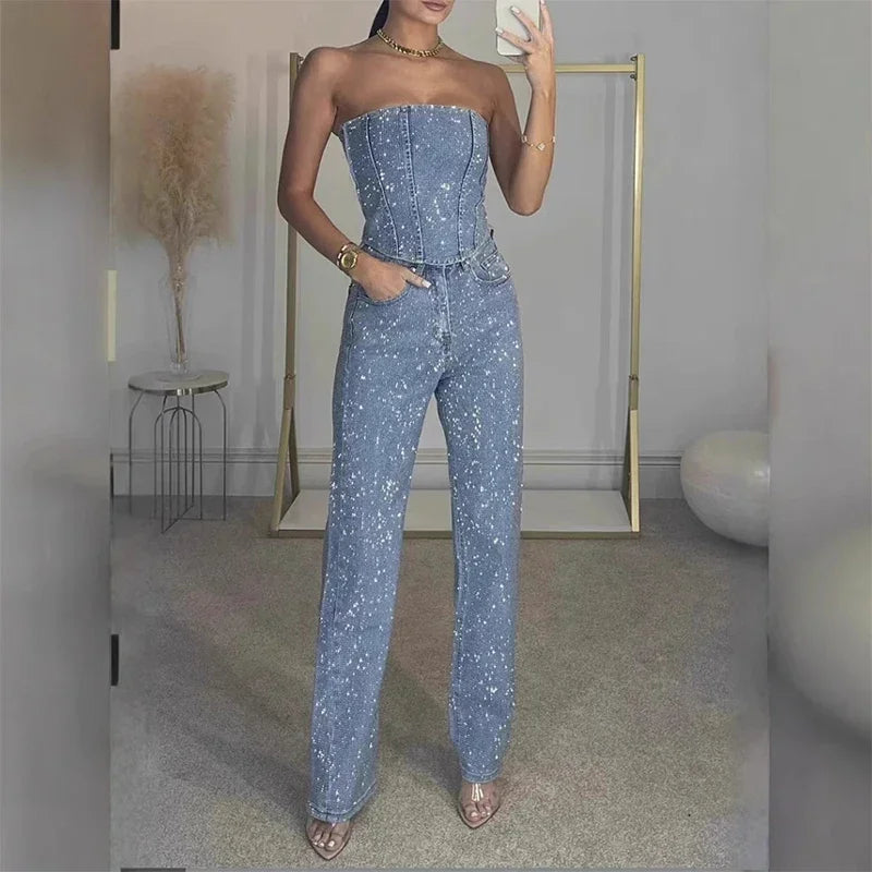 CPSYMYM Rhinestones Denim Vest Jeans Set Women Sexy Slim Sleeveless Strapless Empire Waist Zipper Pocket Pencil Trouser  Summer