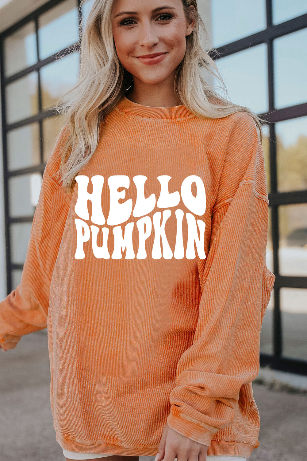Orange Hello Pumpkin Letter Graphic Corded Sweatshirt