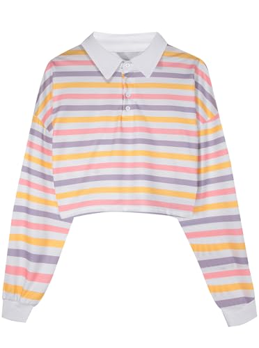 Natalie Winters Dress - Remidoo Women's Collared Half Button Long Sleeve Striped Crop Top Sweatshirt