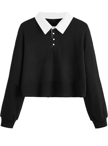 Natalie Winters Dress - Remidoo Women's Collared Half Button Long Sleeve Striped Crop Top Sweatshirt