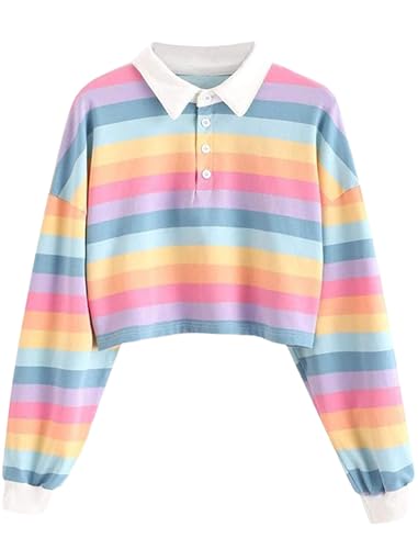 Natalie Winters Dress - Remidoo Women's Collared Half Button Long Sleeve Striped Crop Top Sweatshirt