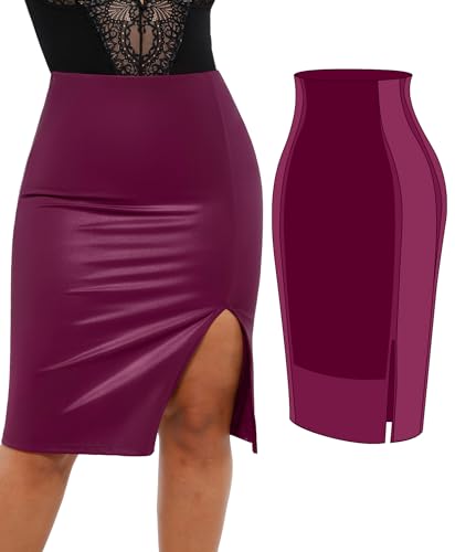 Popilush Shapewear Faux Leather Skirts with Built in Shapewear Tummy Control High Waist Midi Skirt with Shaper for Women