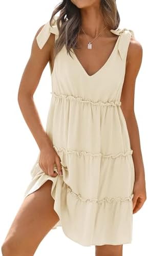 Sundresses - ZESICA Womens Summer Casual V Neck Sleeveless Mini Dress Tie Shoulder Tiered Ruffle Swing A Line Short Sundresses