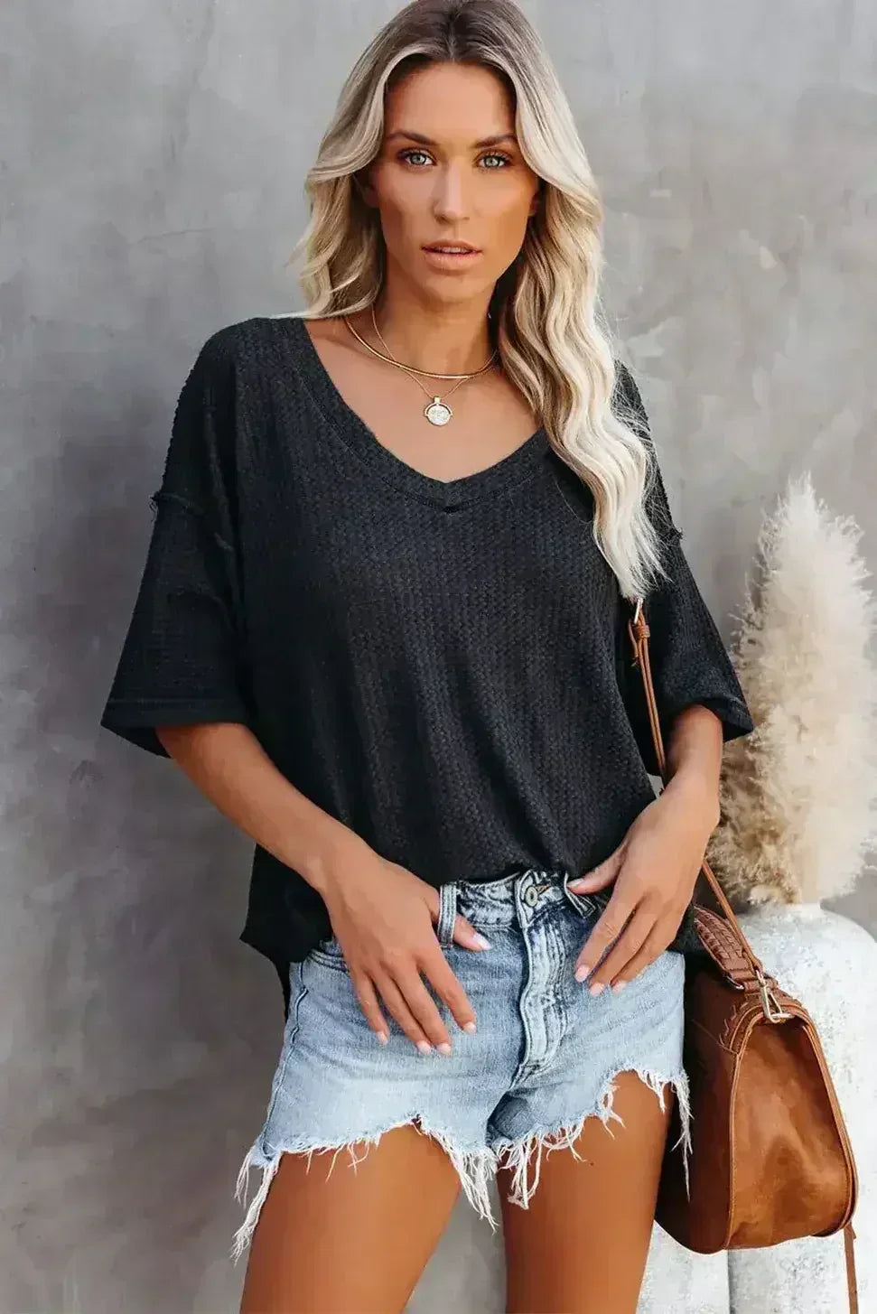 Blue Exposed Seam Drop Sleeve V Neck Waffle Textured Top