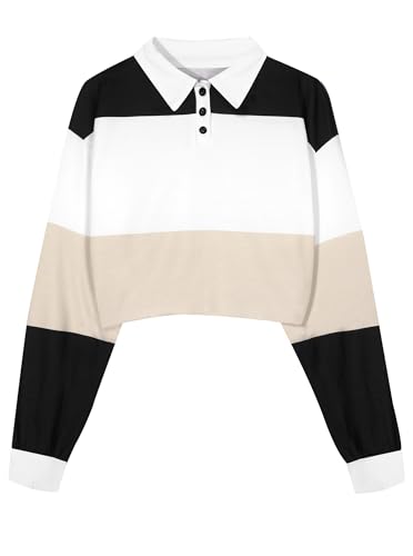 Natalie Winters Dress - Remidoo Women's Collared Half Button Long Sleeve Striped Crop Top Sweatshirt