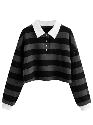 Natalie Winters Dress - Remidoo Women's Collared Half Button Long Sleeve Striped Crop Top Sweatshirt