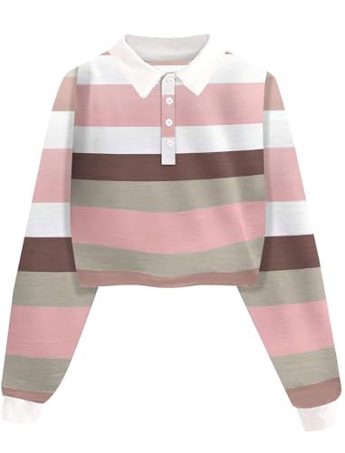 Natalie Winters Dress - Remidoo Women's Collared Half Button Long Sleeve Striped Crop Top Sweatshirt