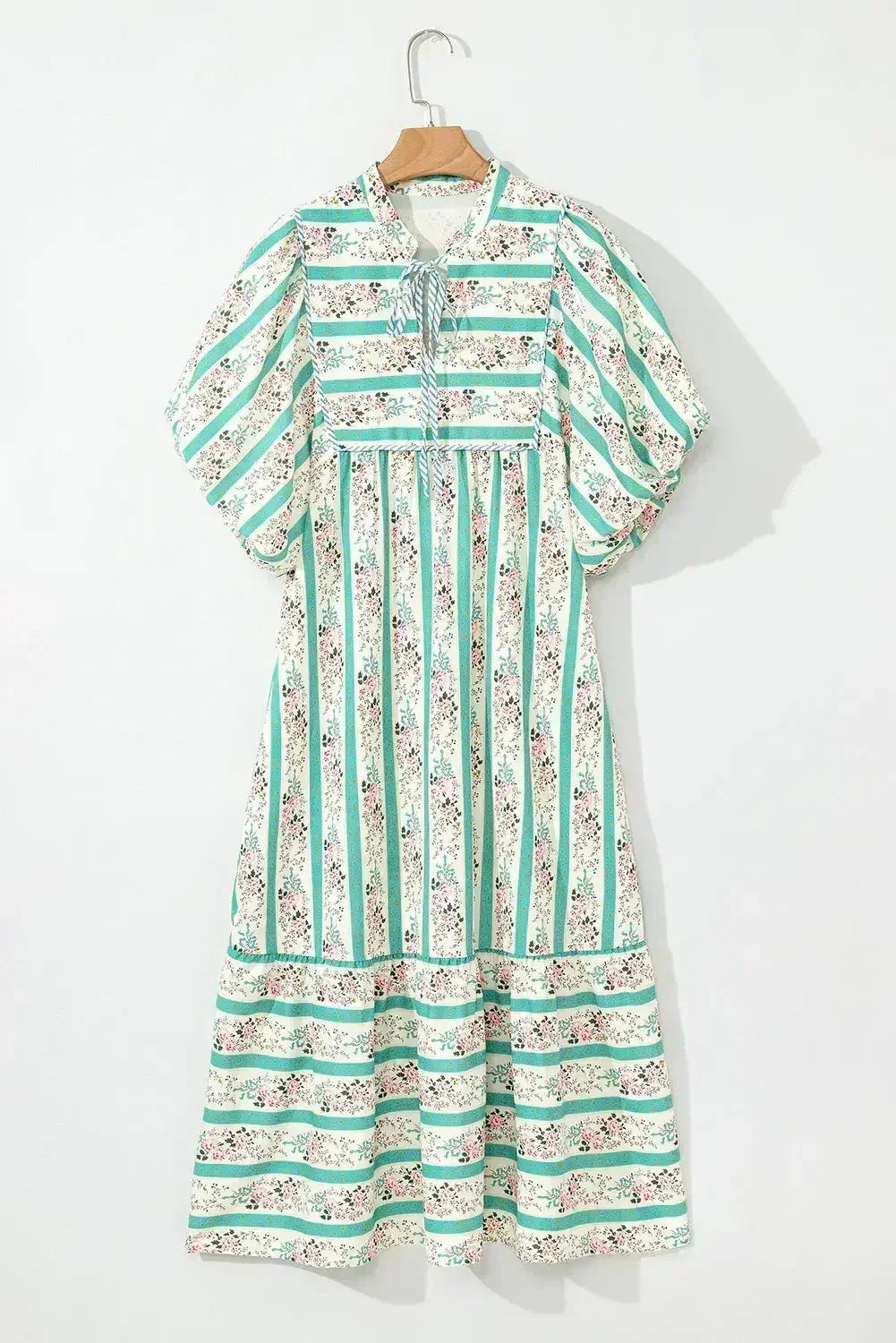 Multicolor Boho Floral Striped Tie V Neck Long Dress