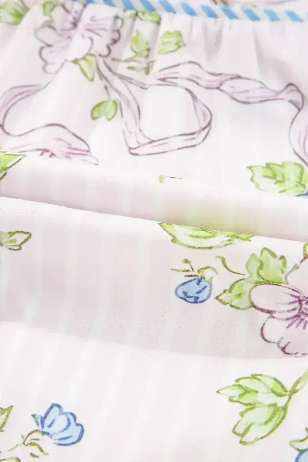 Pink Floral Striped Print Contrast Trim Tie Split Neck Mini Dress