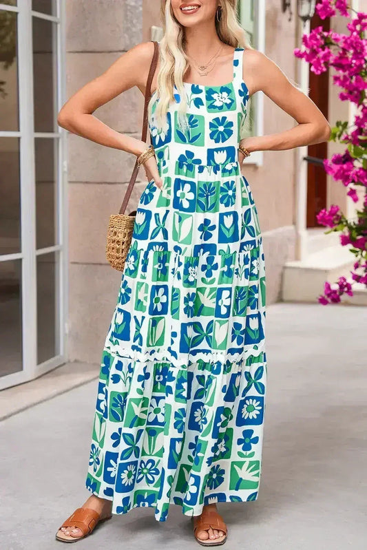 Multicolour Boho Floral Checkered Maxi Dress