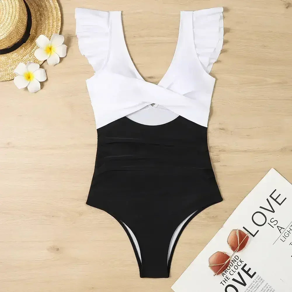 Black Color Block Cut Out Criss Cross One Piece Swimsuit