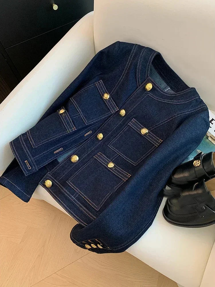 Blue Denim Top Women Autumn Classic Style Short Coat New Korean Fashion  Chic Pockets O-Neck Female Ropa De Mujer Loose Jackets