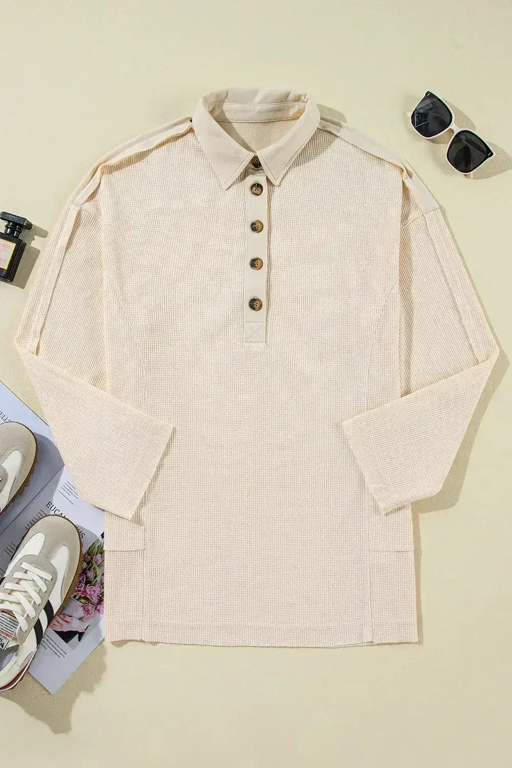 Pink Waffle Long Sleeve Collared Half Button Relaxed Fit Top