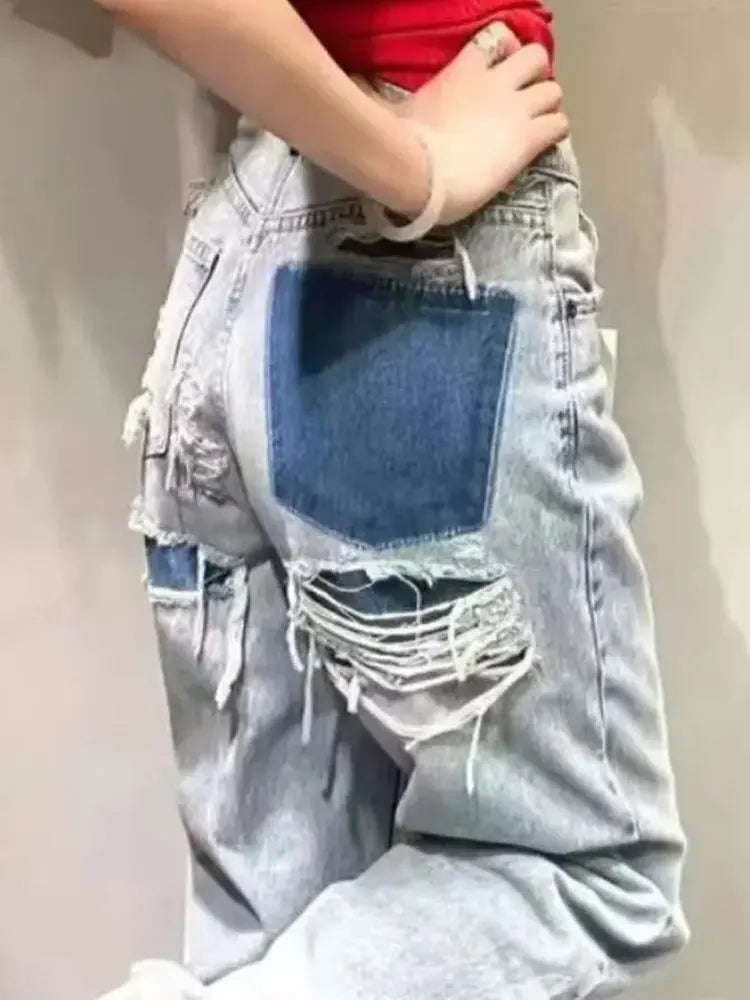 Jeans For Women 2024 Denim Solid Loose Zipper Fly Female Hole Trouser Pockets Wild Basic Commute Woman Wide Leg Long Pant