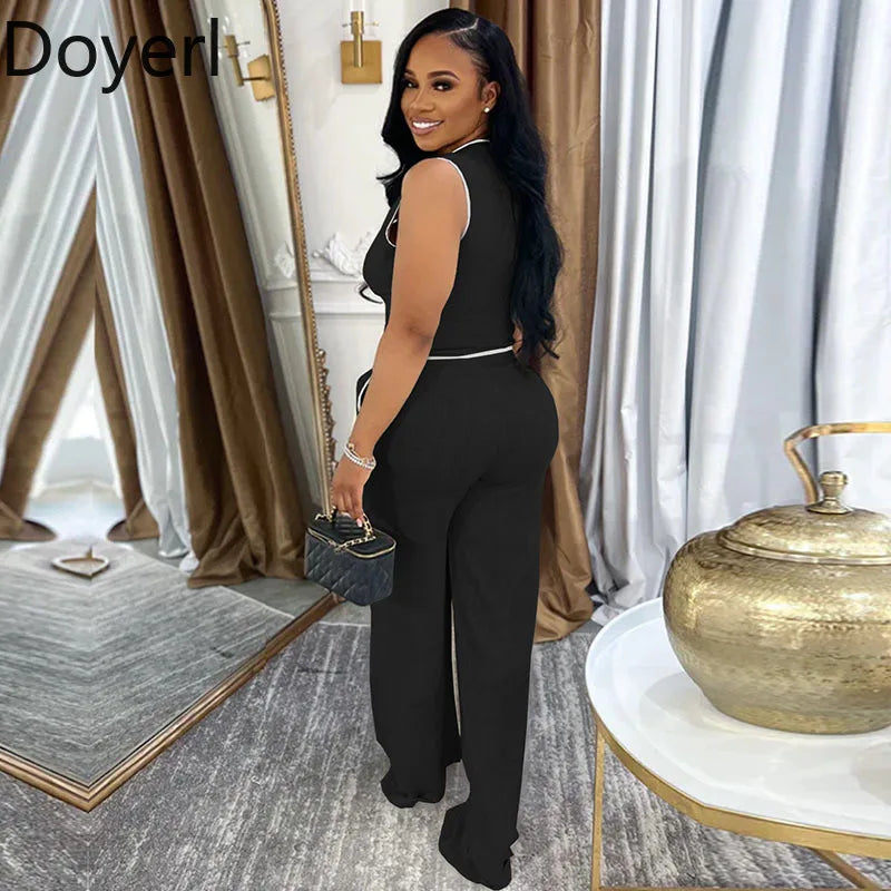 Doyerl Vintage Elegant 2 Piece Sets Woman Outfit Workwear Patchwork Double-breasted Vest Top and Wide Leg Pants Matching Sets