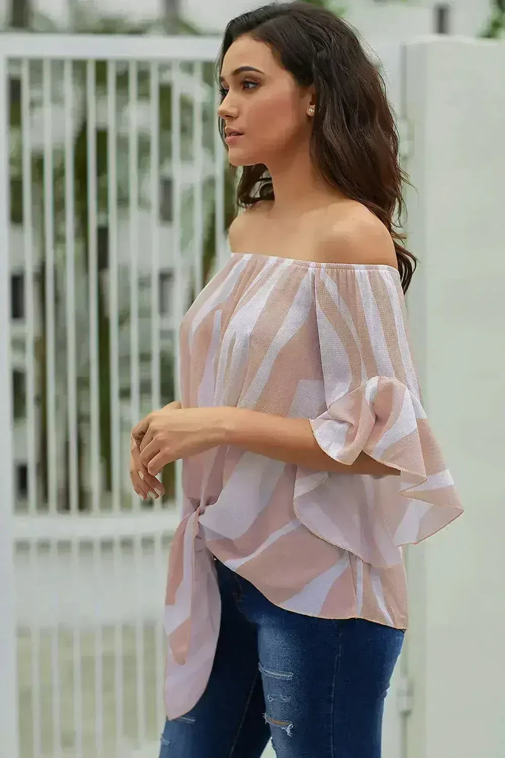 Off The Shoulder Pink White Vertical Stripes Blouse
