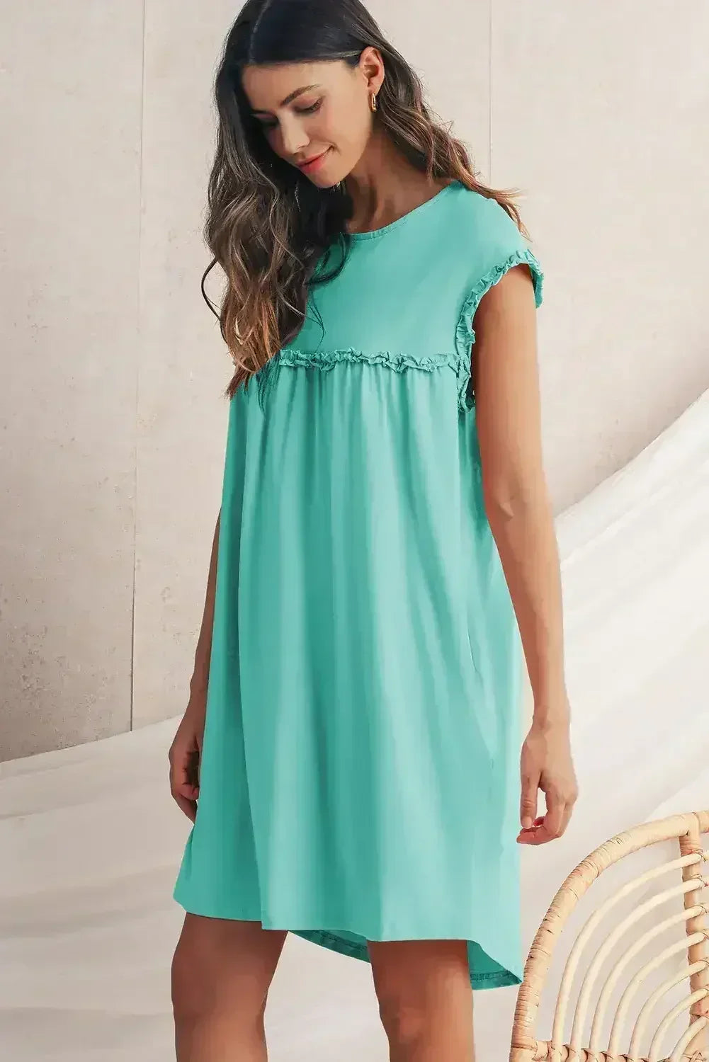 Oatmeal Frilled Trim Crewneck Loose Fit Mini Dress