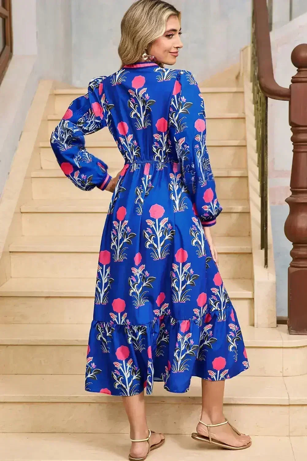 Blue Floral Print Pop of Color Neckline Long Sleeve Midi Dress