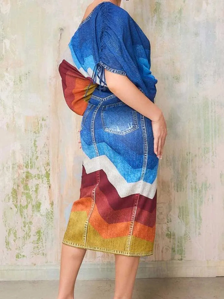 2 Piece Outfit Set Women Streetwear Summer Outfits with Skirts Fake Denim Print Elegant Chic Open Split Skirt Long Sexy Female