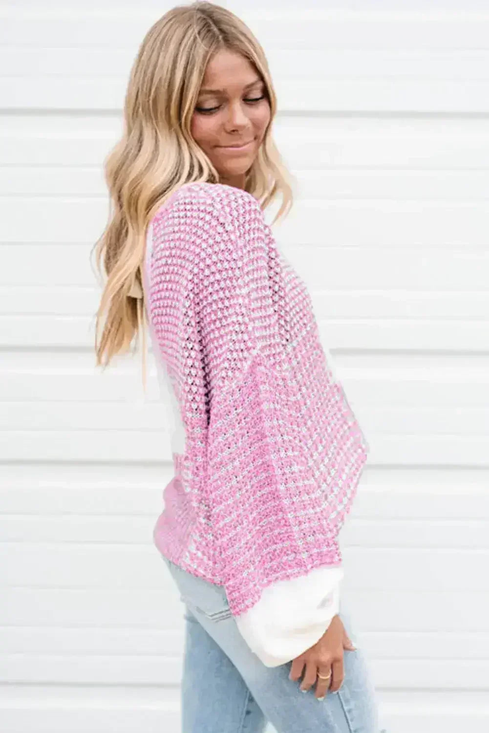 Pink Colorblock Tie Back Drop Shoulder Knit Sweater