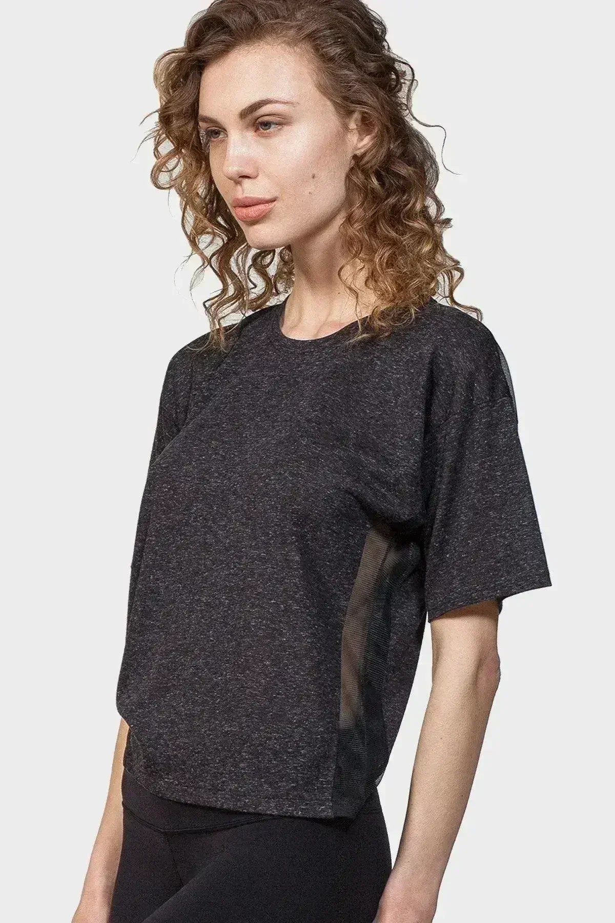 Back Mesh Yoke Top – Sexy Black Crew Neck with Peek-a-Boo Mesh