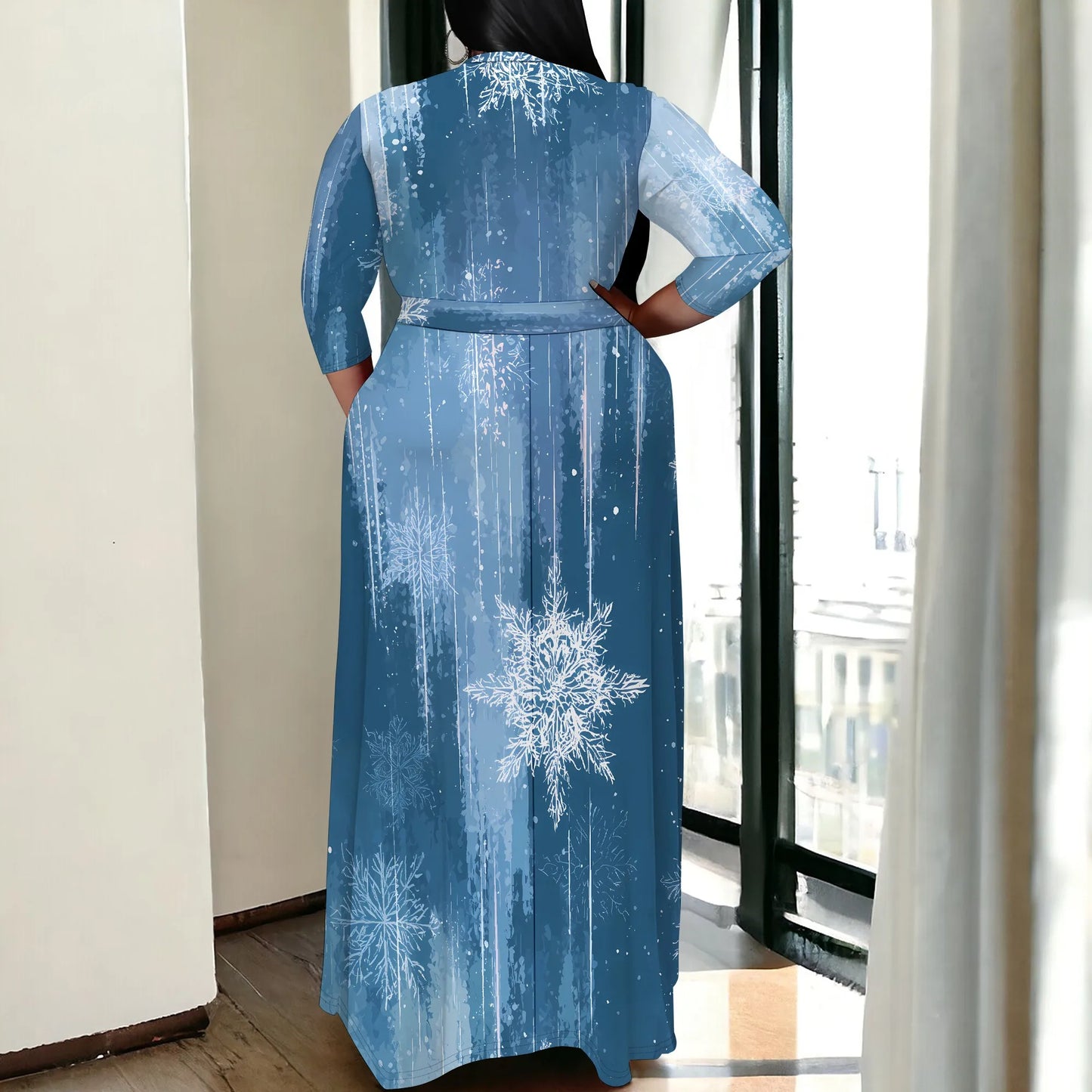 Plus Size Women's 3/4 Sleeve V-Neck Snowflake Print Wrap Maxi Dress Winter Elegant Party Dress