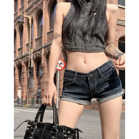 Women's Low Rise Elastic Tight Curled Denim Shorts Summer New Hot Girl Street Casual Hip Wrap Sexy Mini Shorts Female
