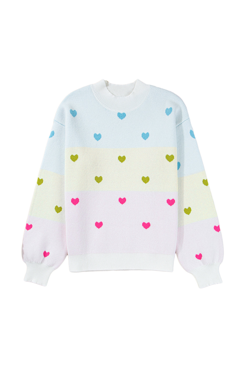 Multicolor Heart Pattern Colorblock High Neck Sweater