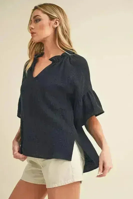 Aemi + Co Side Slit Notched Ruffled Half Sleeve Blouse