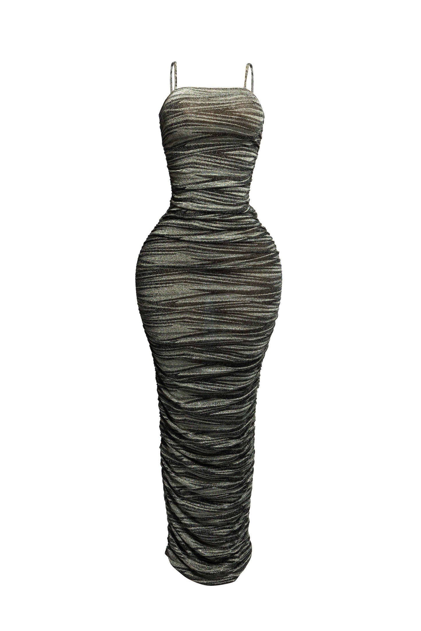 Elegant Metallic Maxi Dress with All-Over Ruched Design and Adjustable Straps for Stunning Appeal