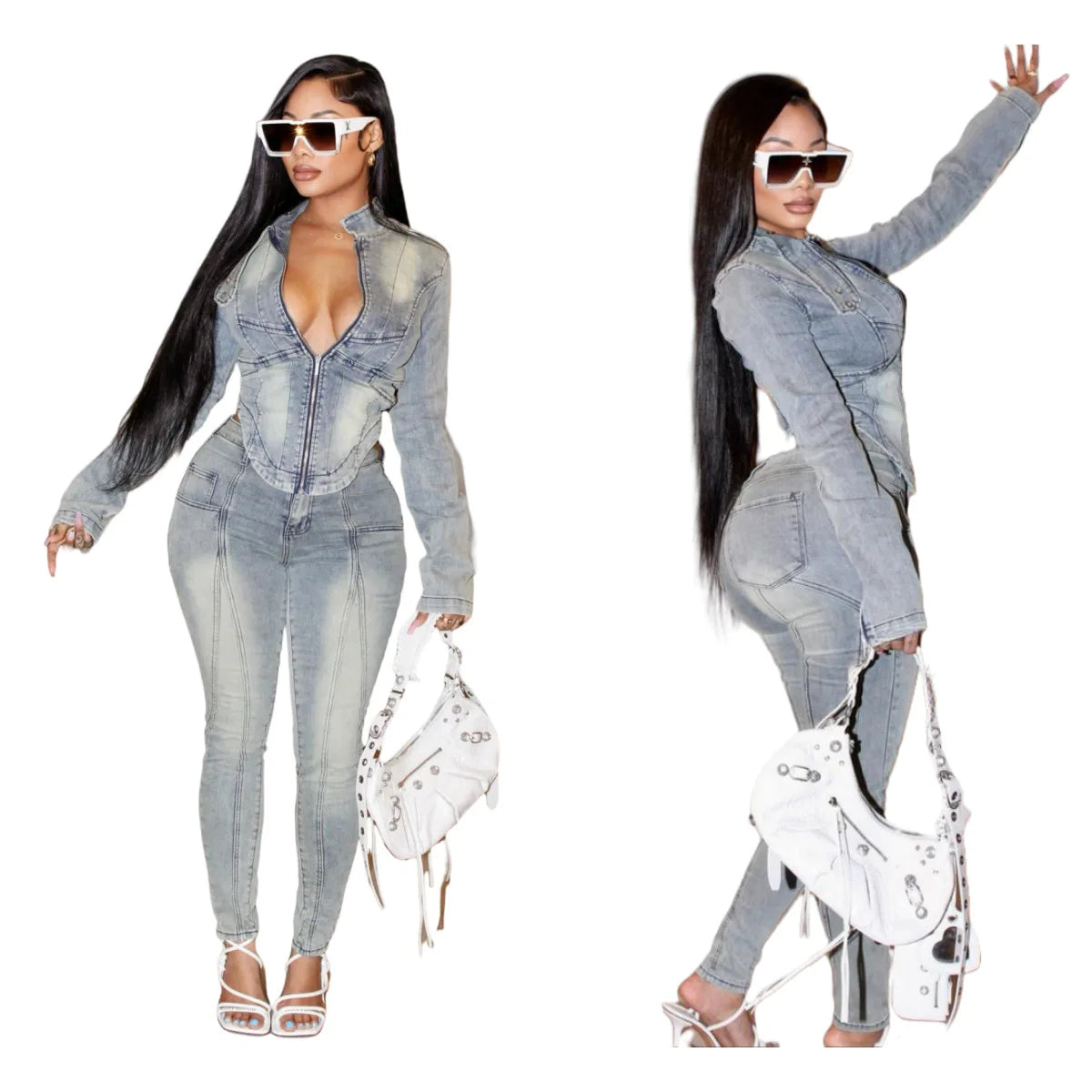 Denim Pant Set Women Two Piece Sets Matching Sets Zipper Short Tops Coats Long Pants High Waist Slim Fit Y2k Streetwear 2025