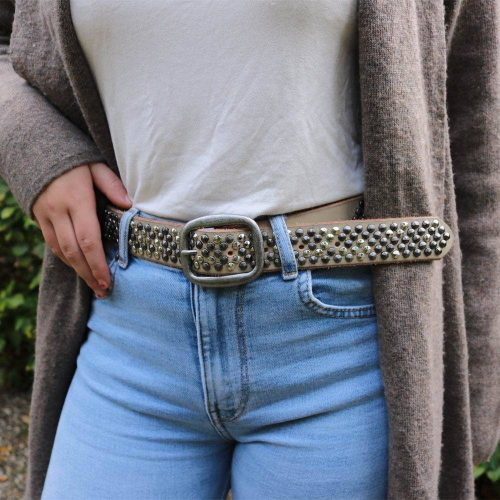 Britta | Vintage Silver Buckle Studded Leather Belt Women: Creme