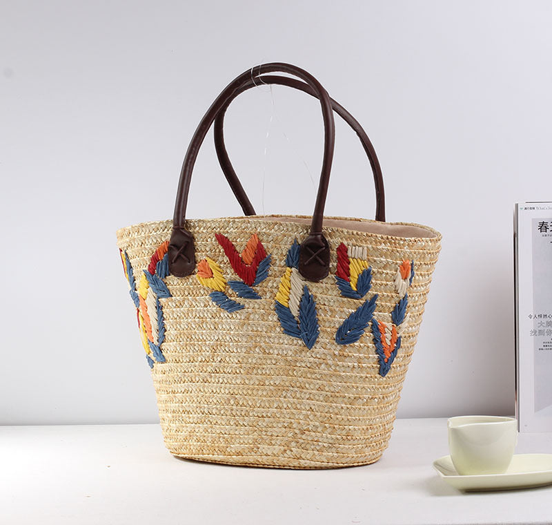 Fresh Embroidered Straw Bag Casual Bag Woven Bag Women Bag Shoulder Portable Seaside Vacation Beach Bag