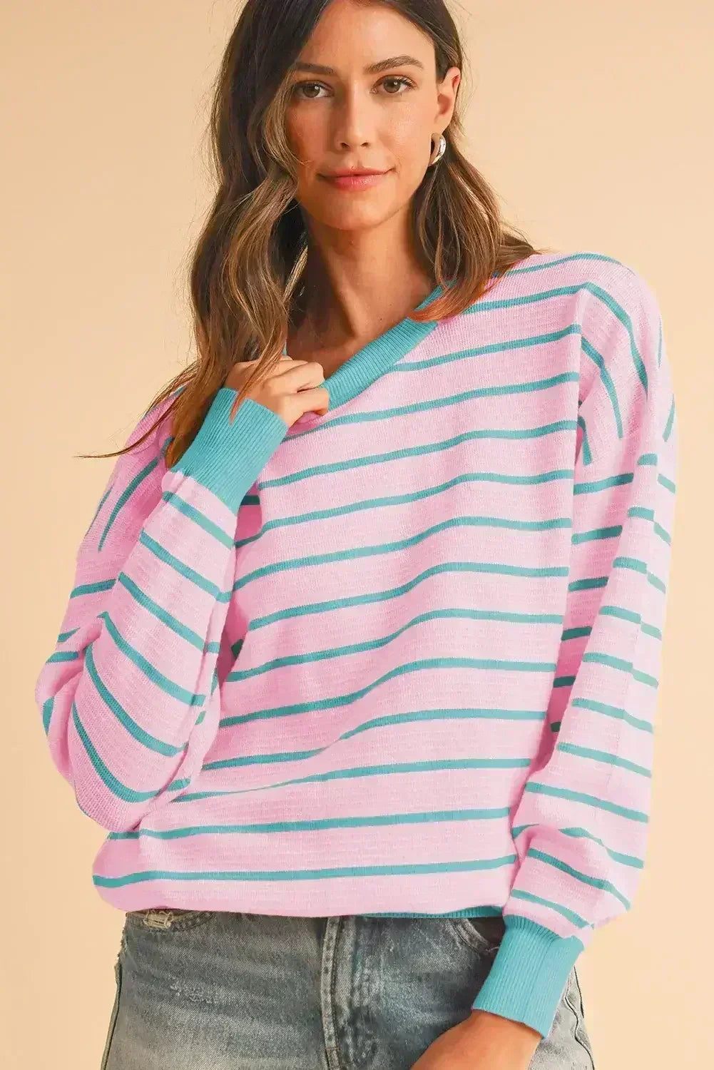 Pink Stripe Round Neck Drop Shoulder Loose Sweater