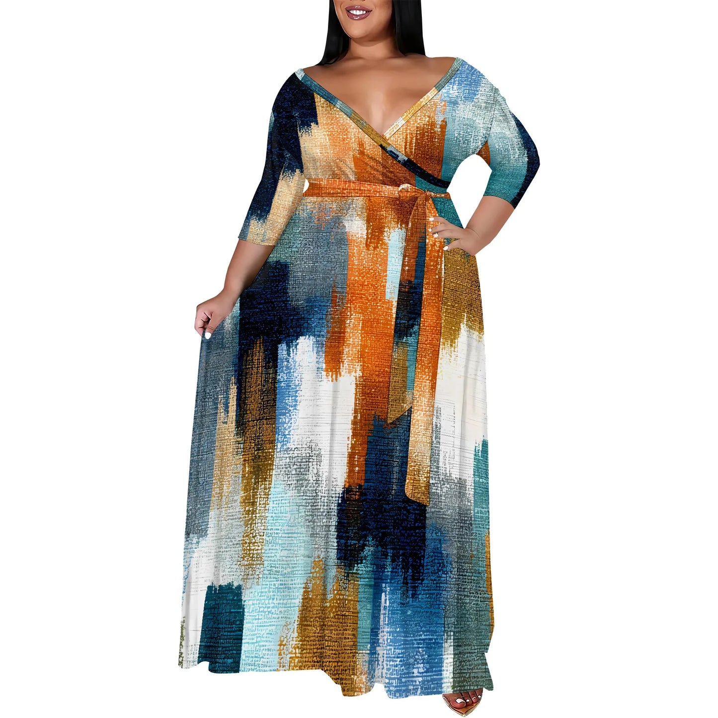 Plus Size Women's 3/4 Sleeve V-Neck Snowflake Print Wrap Maxi Dress Winter Elegant Party Dress