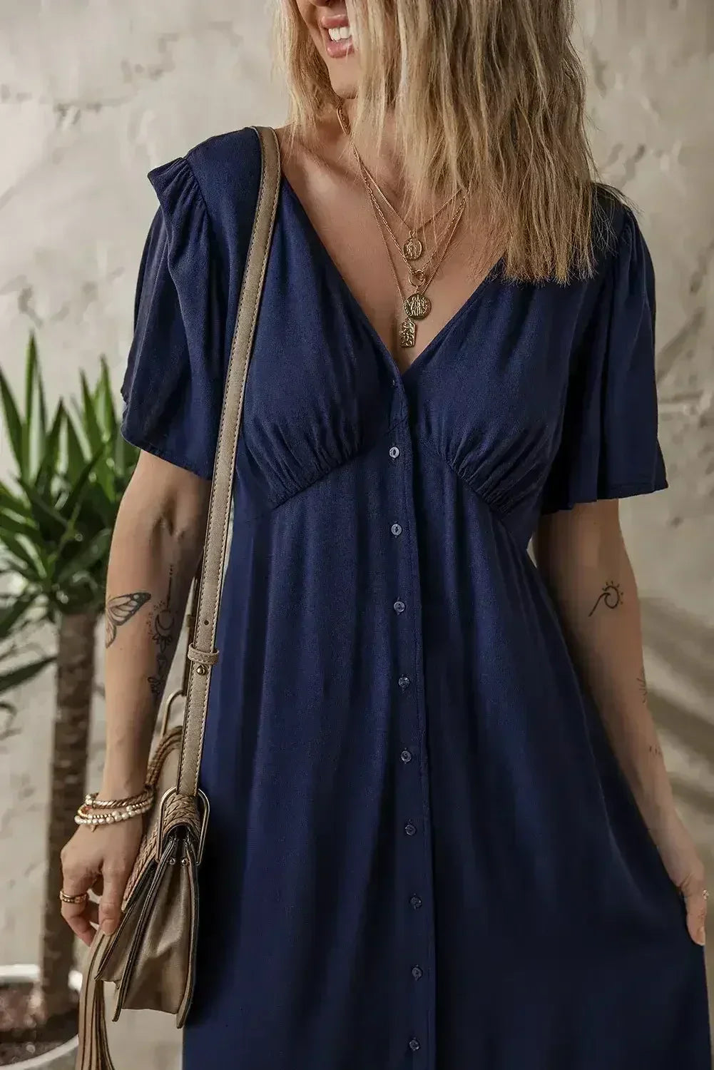 Navy Blue V Neck Buttoned Front Shirred Back Short Sleeve Midi Dress
