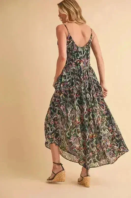 Aemi + Co Printed V-Neck Frill Tiered Cami Dress