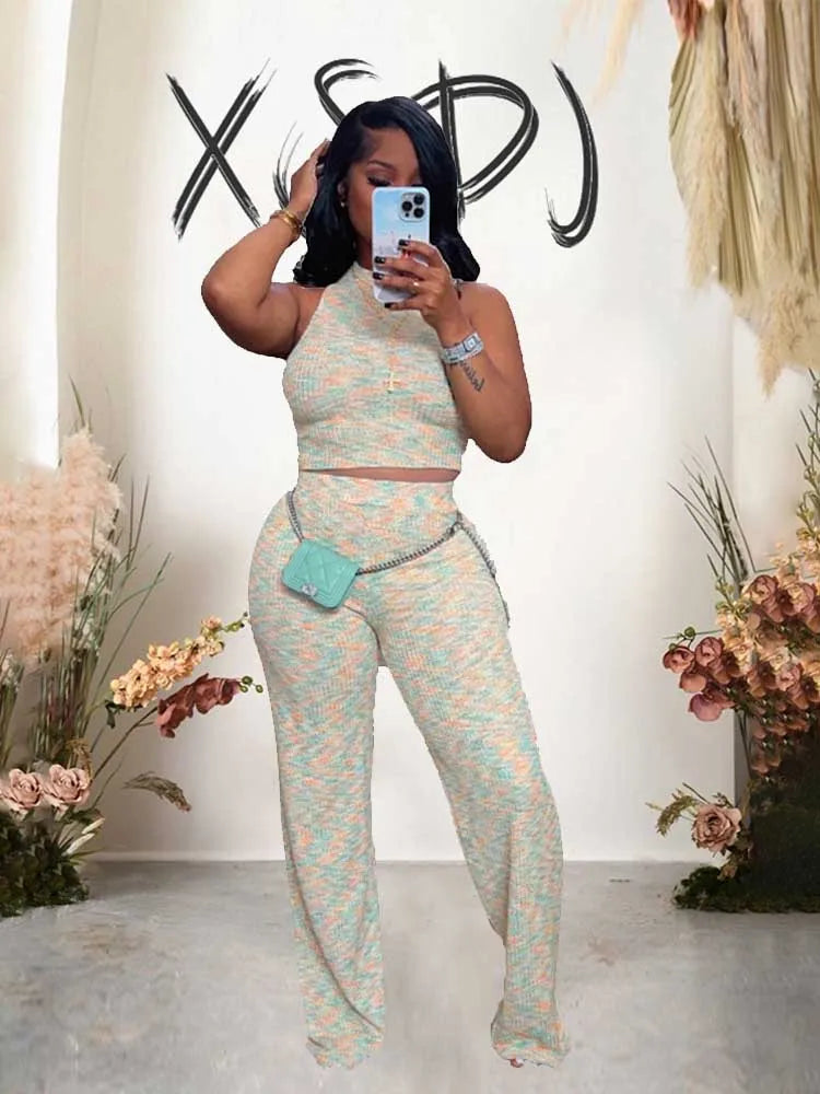 2 Piece Sets Womens Outfits Elegant Stretchy Knitted Summer Suit Sexy Sleeveless Top and Pant Suit Wholesale Dropshipping