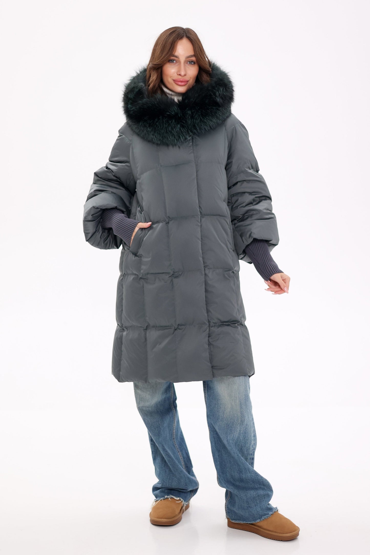 Genuine Silver Fox Fur Trim Down Coat in Forest Slate