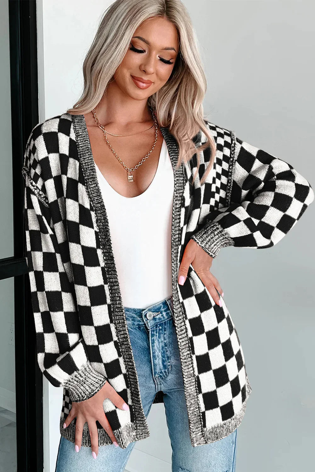 Orange Checkered Open Front Drop Shoulder Cardigan